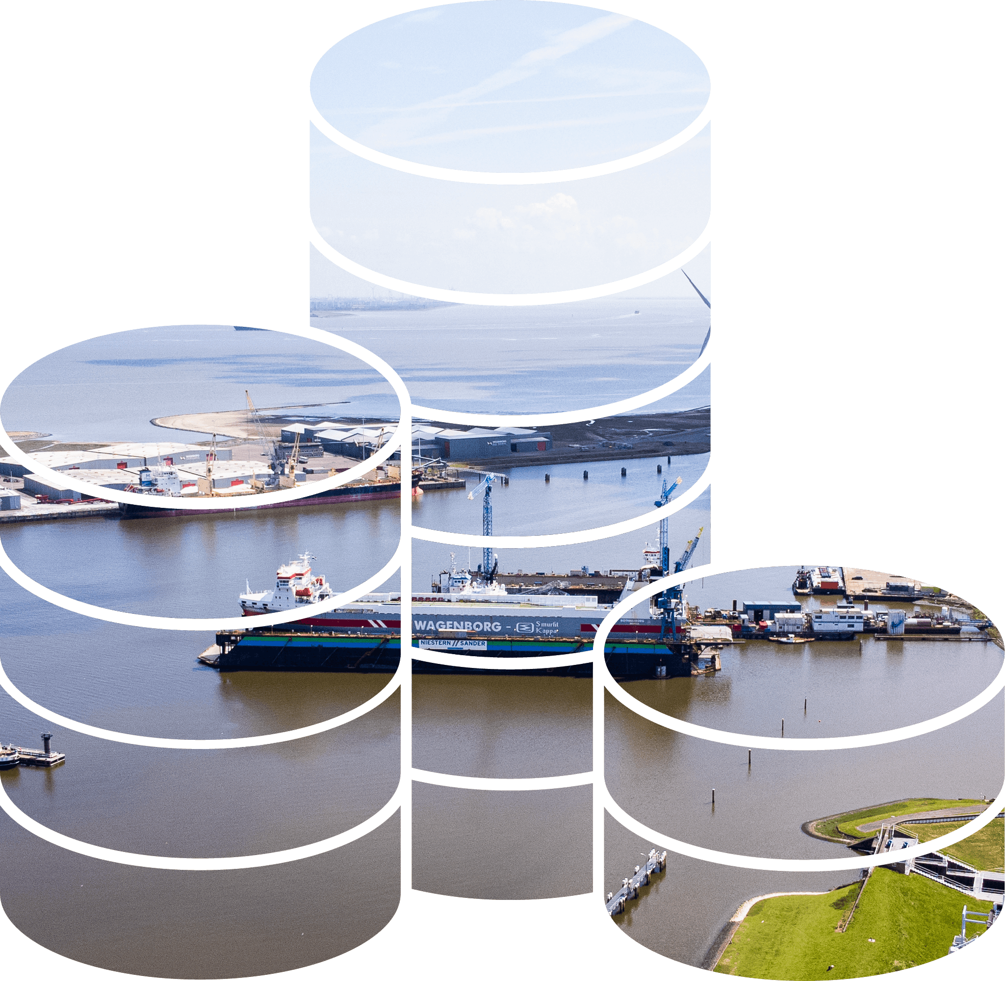 Een icoon van geld met op de achtergrond een foto van een haven